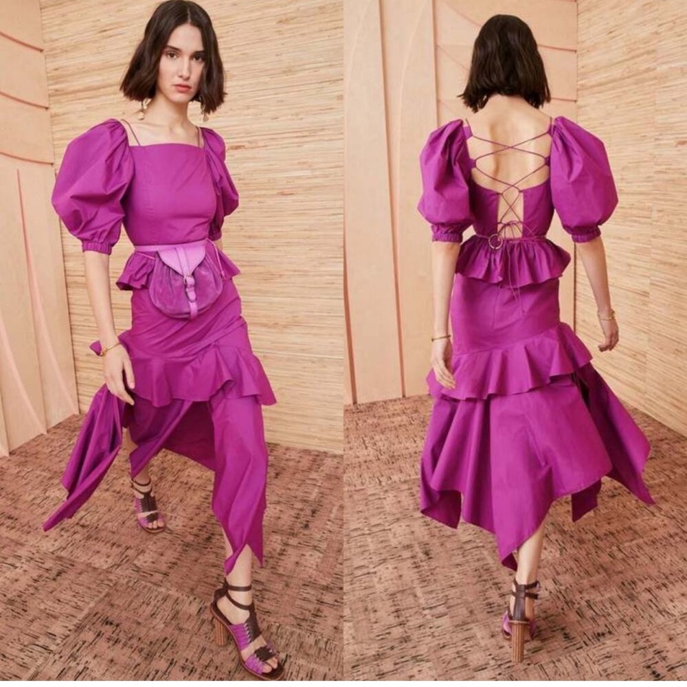 NWOT $679 Ulla Johnson Marie Ruffled Midi Dress Orchid Asymmetric Open Back - 4